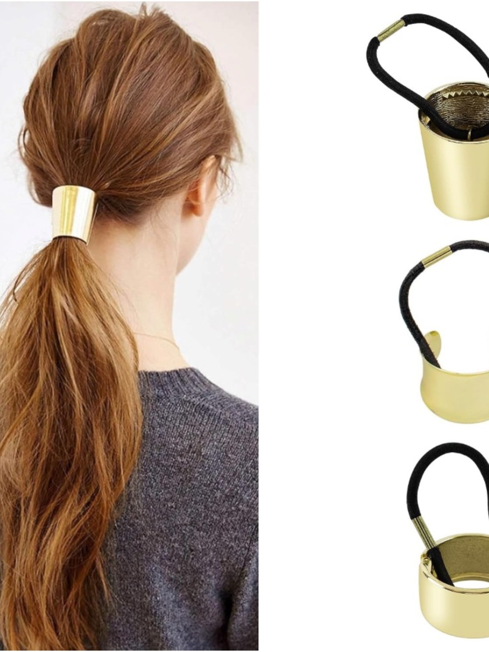 AUEAR Brushed Metal Hair Cuff Ponytail Holder Elastic Tie 3 Thick GoldTone Rings